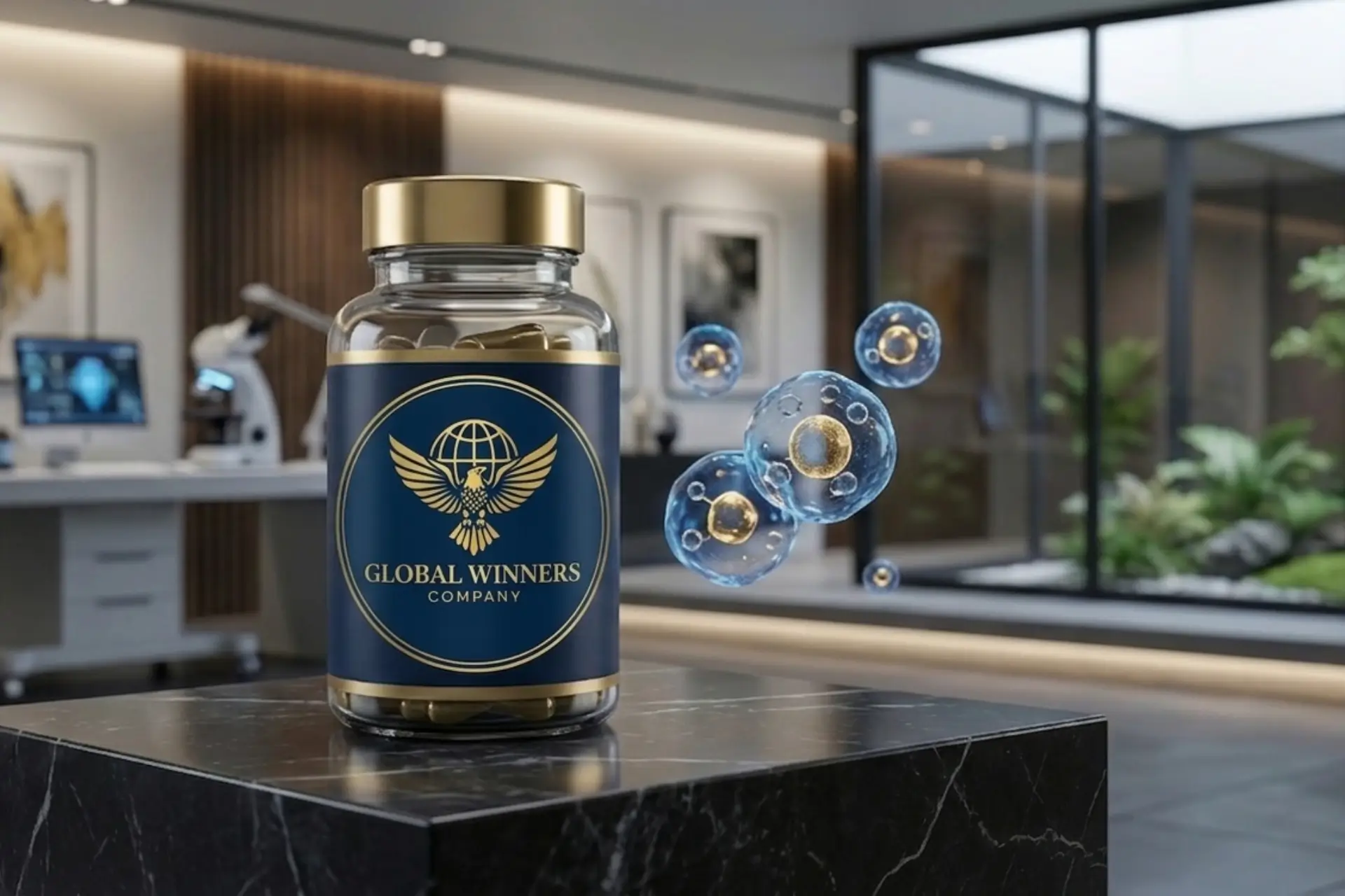A glass bottle of Global Winners Company capsules on a marble surface with floating blue cellular illustrations in a modern lab.
