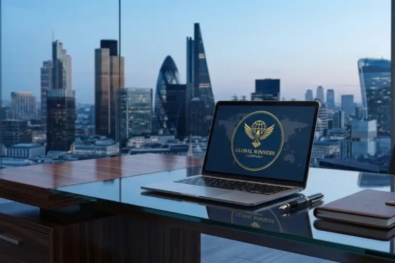 A laptop displaying the Global Winners Company logo on a modern office desk overlooking a city at dusk.