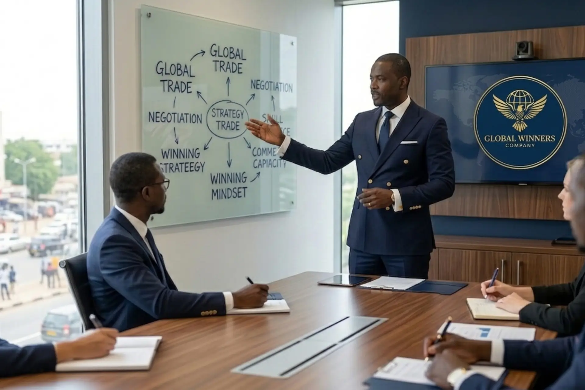 A professional man presenting a trade strategy diagram to a team in a boardroom.