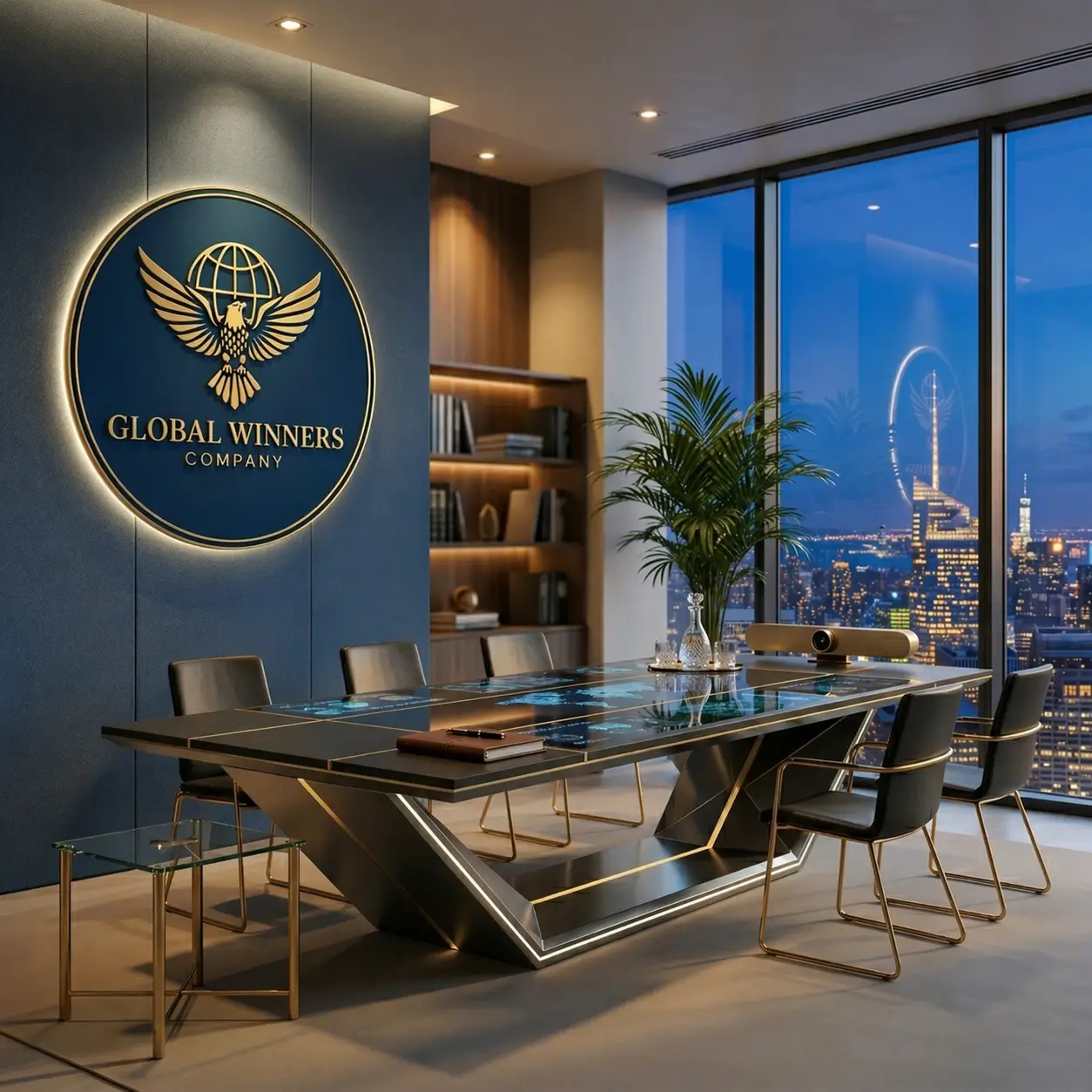 Global Winners logo in a luxury boardroom with city views.